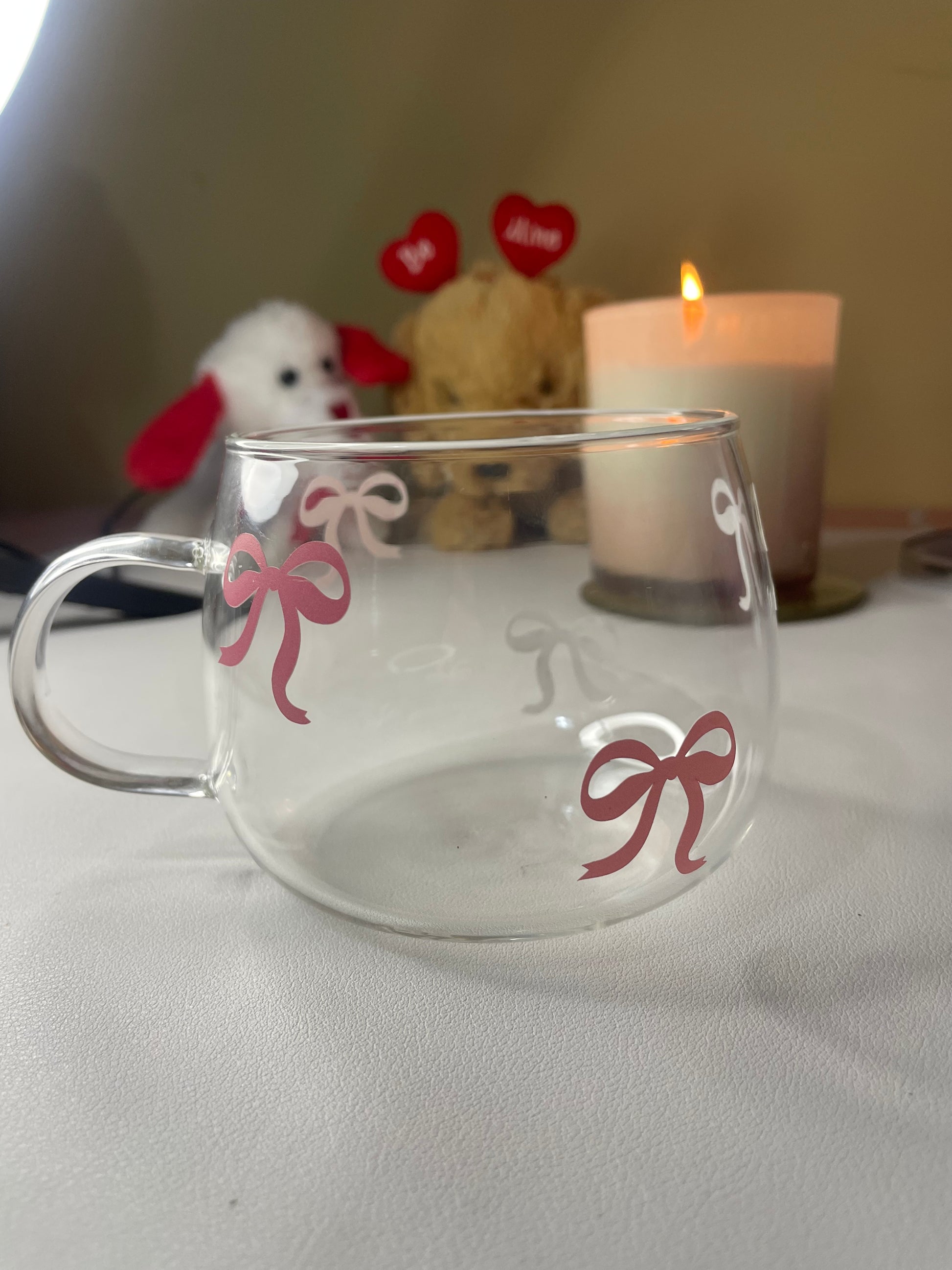 Pink Bow Glass Cup – Cute & Aesthetic Mug for Coffee, Tea & Gifting, clear glass with pink bows, ideal for personalized gifts or daily drinkware use.