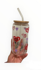 16 OZ hearts glass can (customized handmade cup)