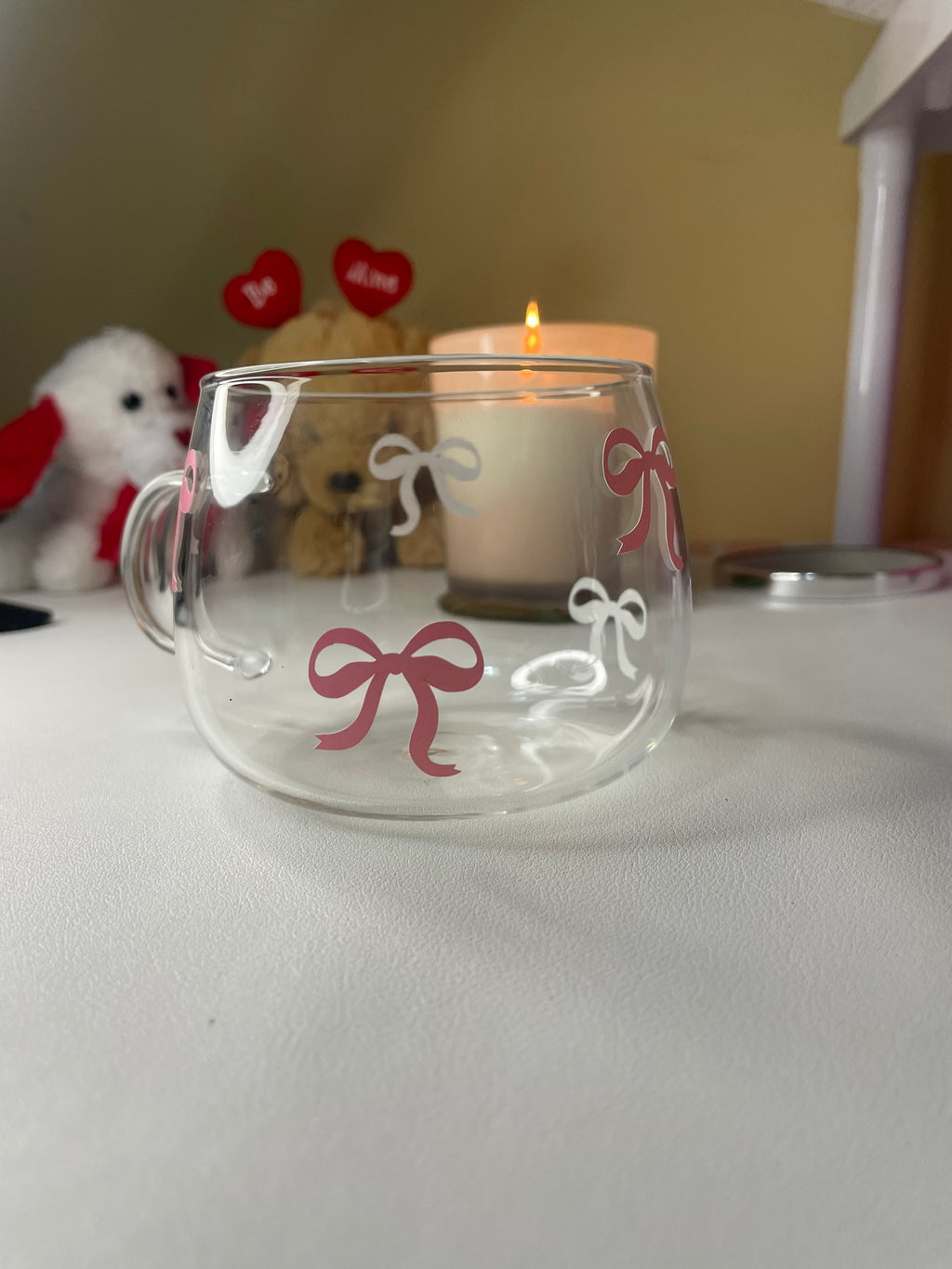 Pink Bow Glass Cup – Cute & Aesthetic Mug for Coffee, Tea & Gifting, reusable glass mug with pink and white bows, perfect for gifting or home decor.