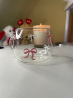 Pink Bow Glass Cup – Cute & Aesthetic Mug for Coffee, Tea & Gifting, reusable glass mug with pink and white bows, perfect for gifting or home decor.