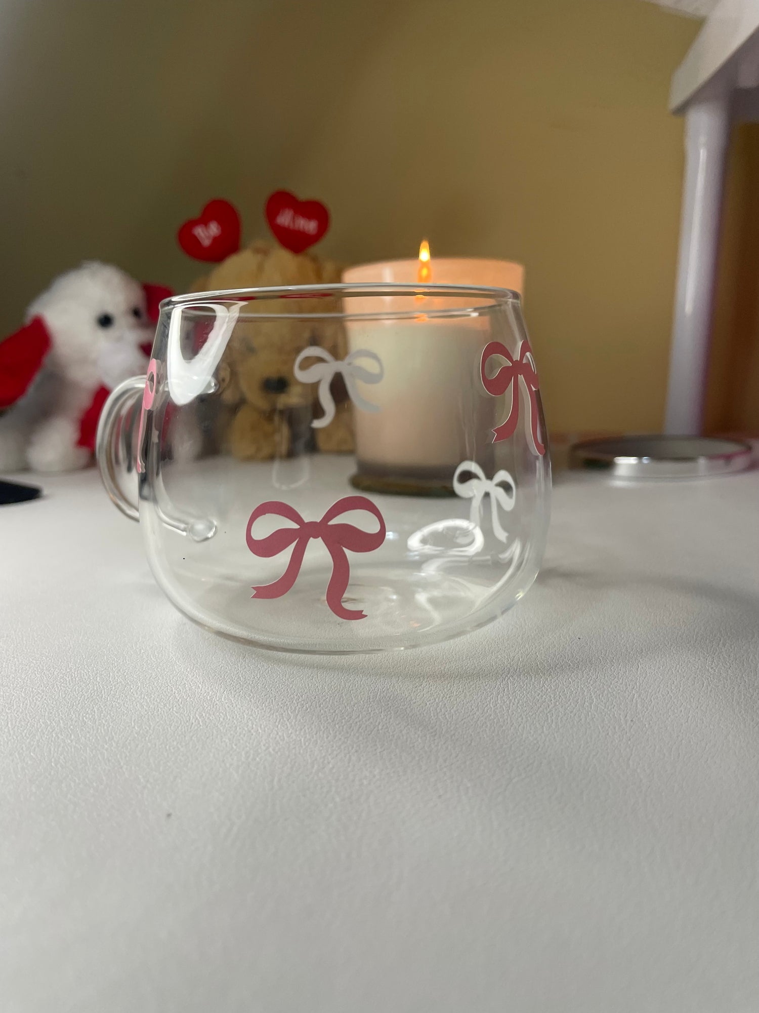 Pink Bow Glass Cup – Cute & Aesthetic Mug for Coffee, Tea & Gifting, reusable glass mug with pink and white bows, perfect for gifting or home decor.