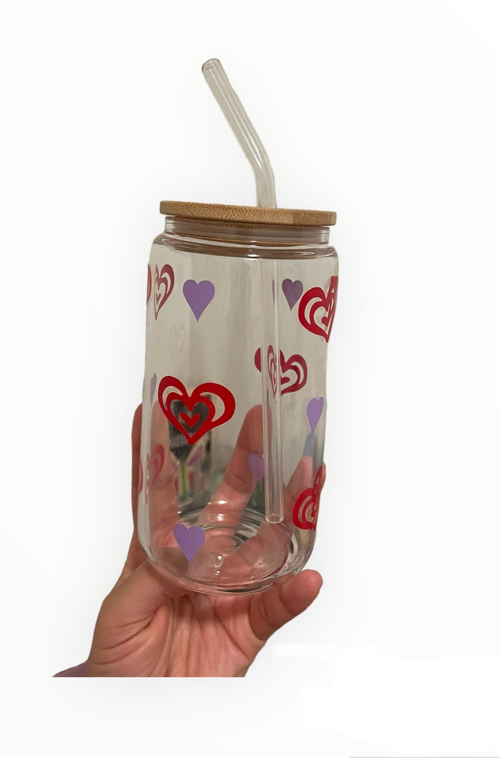 16 OZ hearts glass can (customized handmade cup)