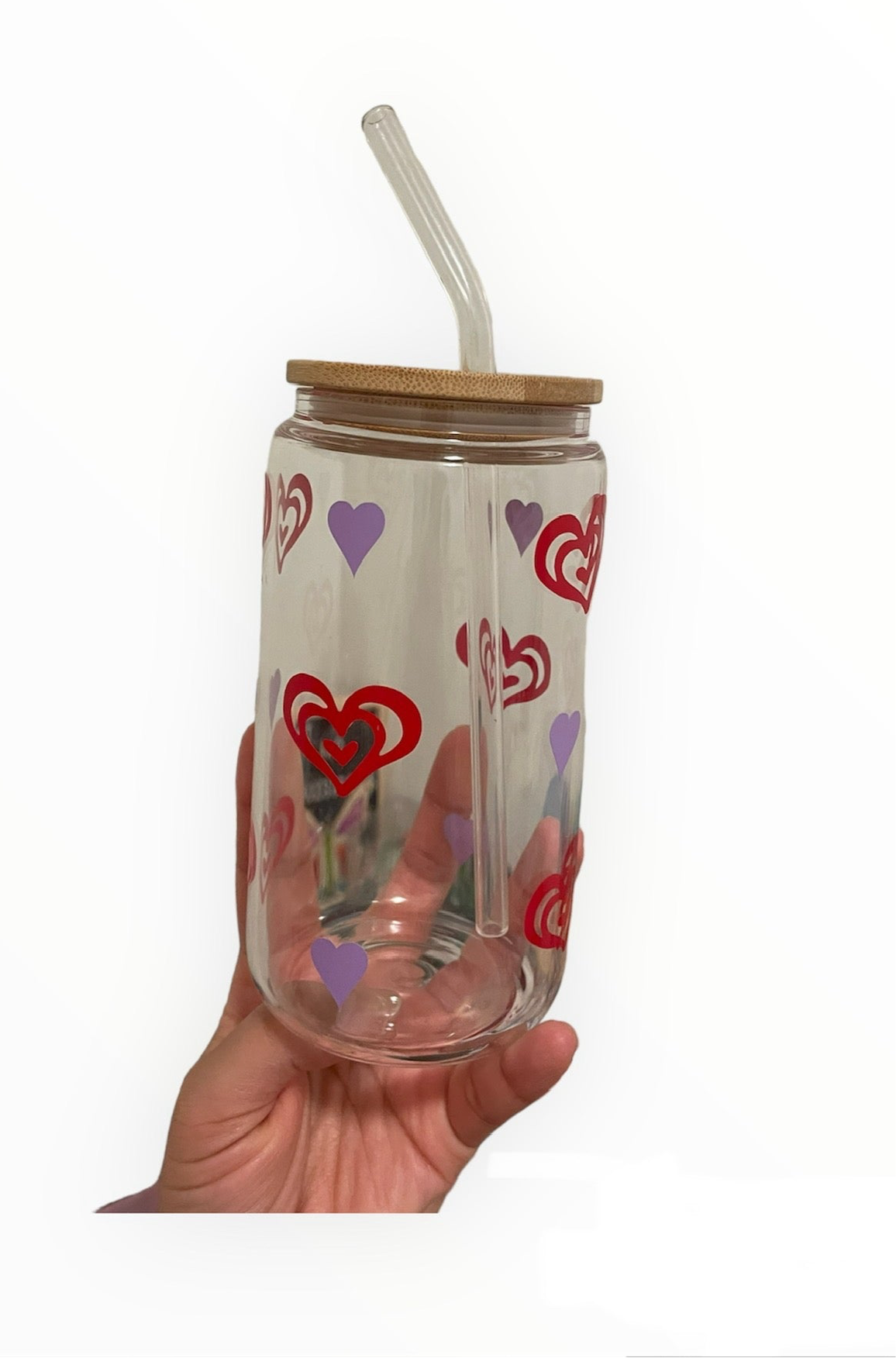 16 OZ hearts glass can (customized handmade cup)