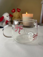 Pink Bow Glass Cup – Cute & Aesthetic Mug for Coffee, Tea & Gifting, featuring pink bow designs on clear glass, perfect for stylish drinkware lovers.