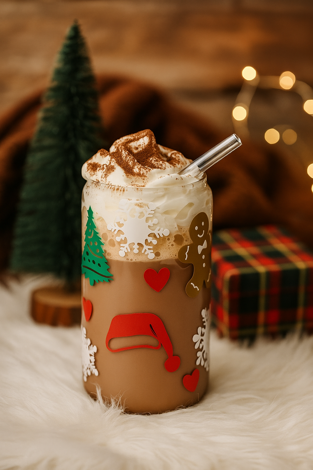 Custom Christmas Iced Coffee Glass Can with Lid & Straw – Holiday Gift, Personalized Gingerbread & Snowflake Cup