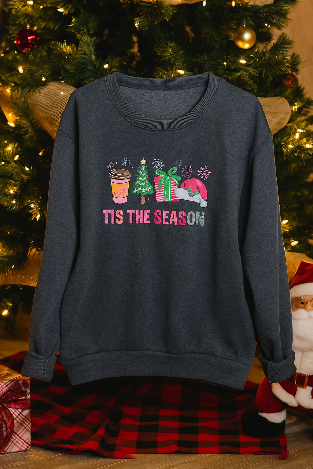 Tis The Season Christmas Crewneck – Cozy Holiday Sweatshirt with Festive Coffee, Tree & Gift Graphic – Perfect Xmas Gift